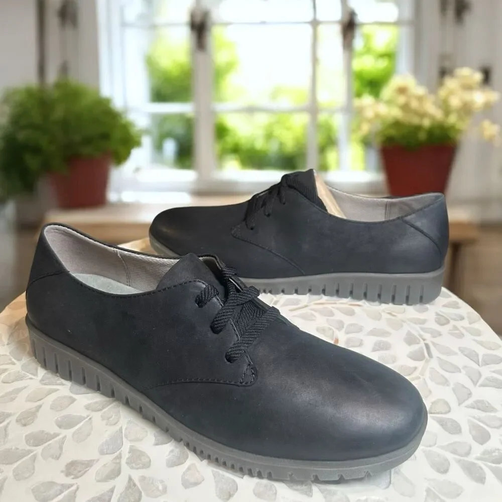 Dansko US 8.5-9 EU 39 Libbie Burnished Calf Leather Black Lace Up Shoes Loafers